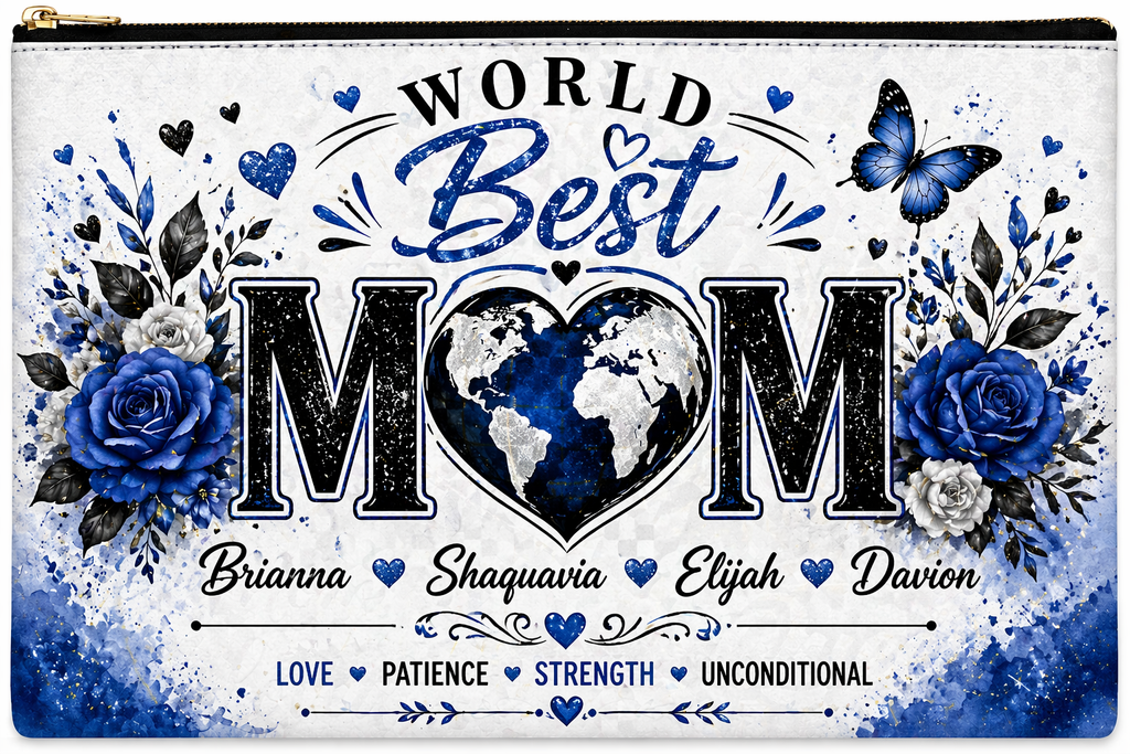 World’s Best Mom Personalized Pouch 💙 | Custom Kids Names Gift